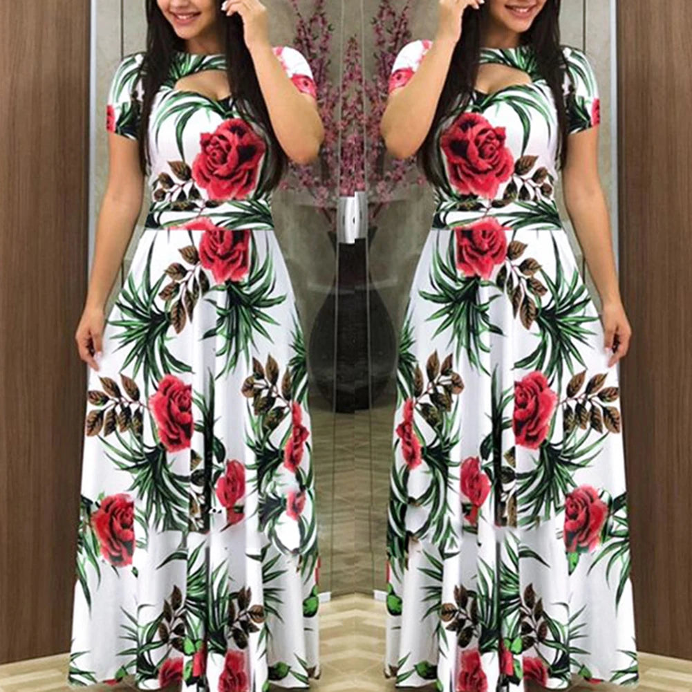 Women Short Sleeve Floral Print Waist Tight Large Swing Maxi Dress Sundress Casual Sundress Cotton O Neck Maxi Dress