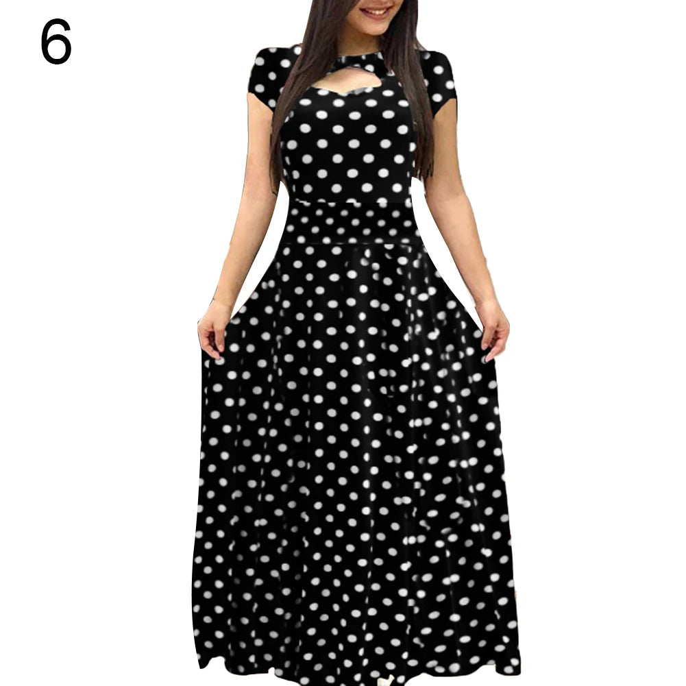 Women Short Sleeve Floral Print Waist Tight Large Swing Maxi Dress Sundress Casual Sundress Cotton O Neck Maxi Dress