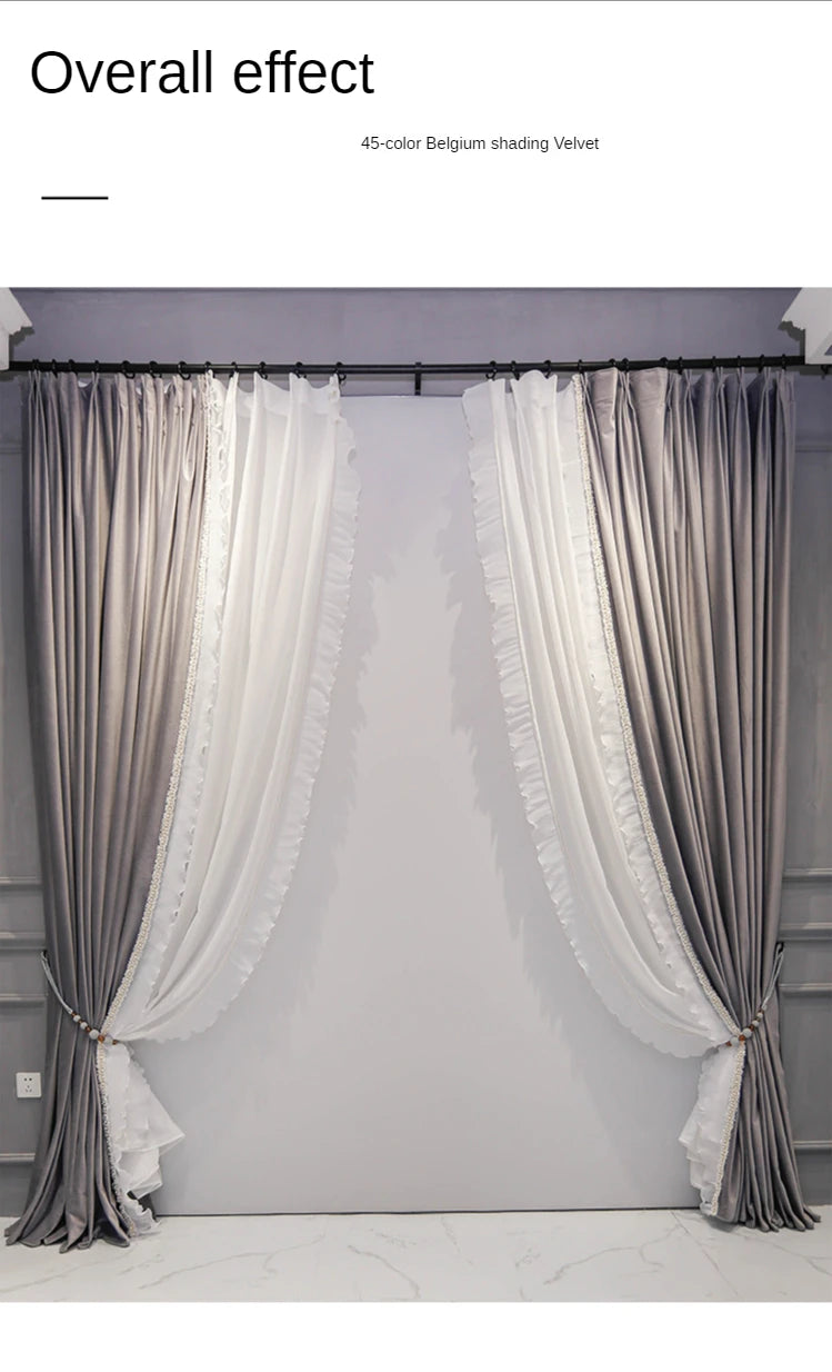 French Luxury Curtains for Living Room Romantic Dining Bedroom Windows Gray Velvet High Shading Stitching Lace Solid Color