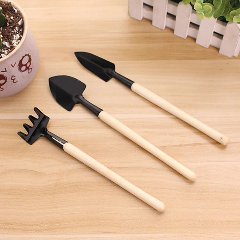 3pcs Mini Portable Gardening Tool Metal Head Shovel Rake Spade Plant Garden Soil Raising Flowers Wooden Handle Tool Set Garden