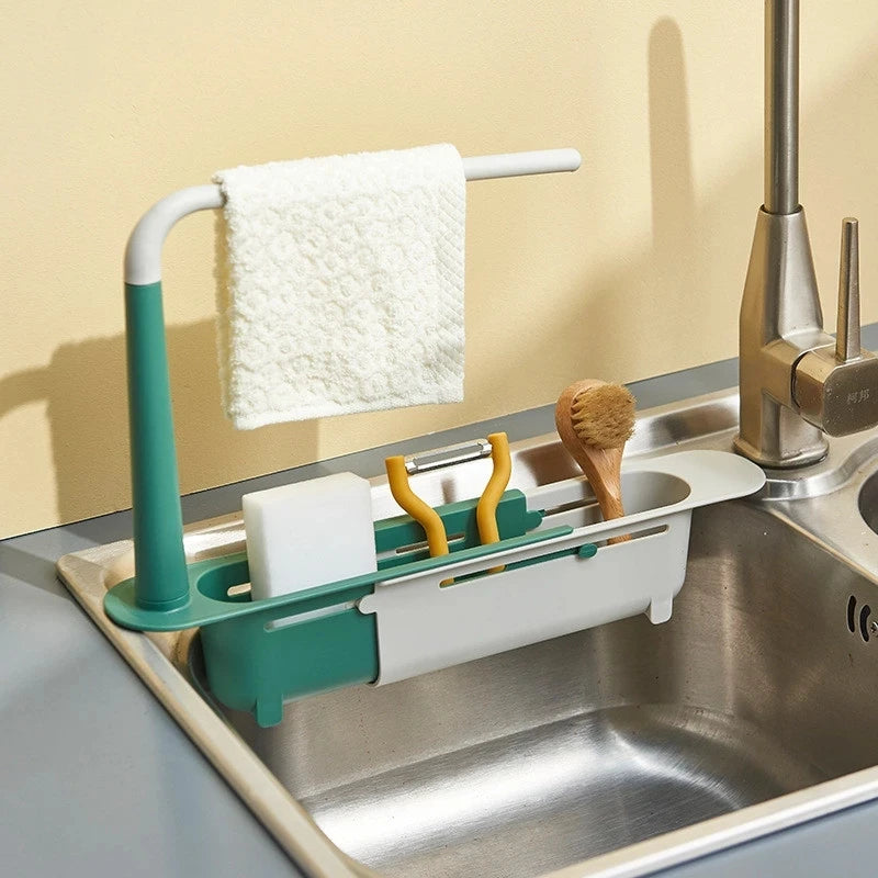 Kitchen Sink Organizer Telescopic Sink Shelf Drainer Rack Storage Basket Soap Sponge Storage Towel Rack Adjustable Sink Tool