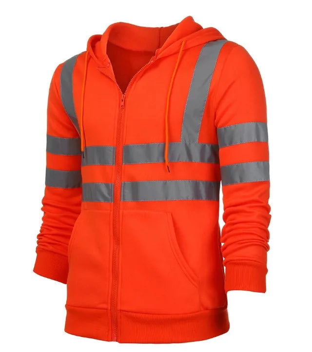 Men Reflective Strip Sanitation Overalls Fleece Hooded Jacket for Cold-Proof Outdoor Sweater Work Safety Coat Outdoor