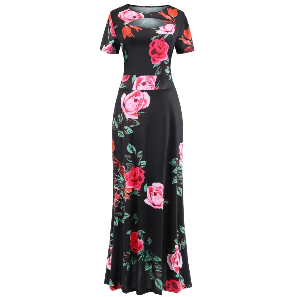 Women Short Sleeve Floral Print Waist Tight Large Swing Maxi Dress Sundress Casual Sundress Cotton O Neck Maxi Dress