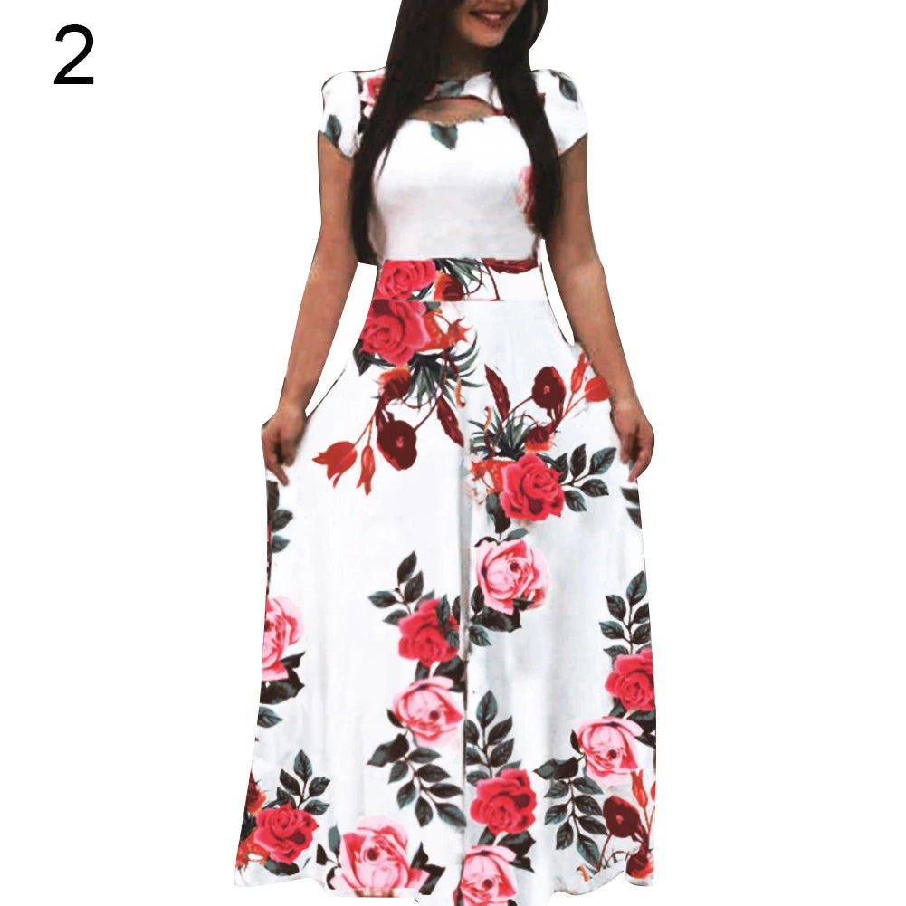 Women Short Sleeve Floral Print Waist Tight Large Swing Maxi Dress Sundress Casual Sundress Cotton O Neck Maxi Dress