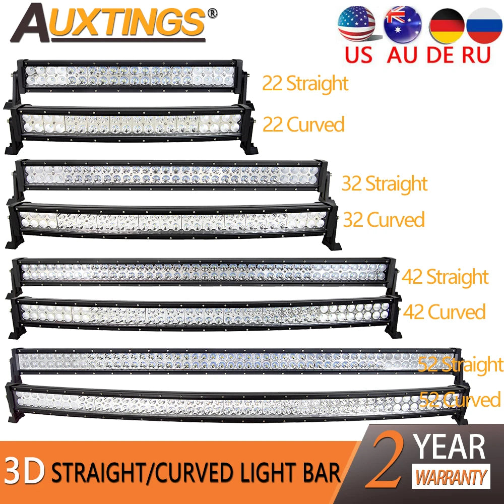 Auxtings 22 32 42 52'' in Curved/Straight Led Light Bar COMBO Led Work light bar Driving Offroad Car Truck 4x4 SUV ATV 12V 24V