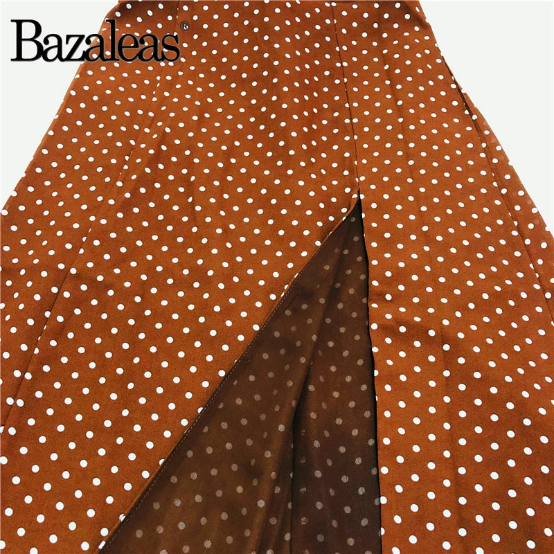 2024 Retro Slim Chic Brown Dress Sexy Dot Print Split Tube Top Dress Party Midi Dresses