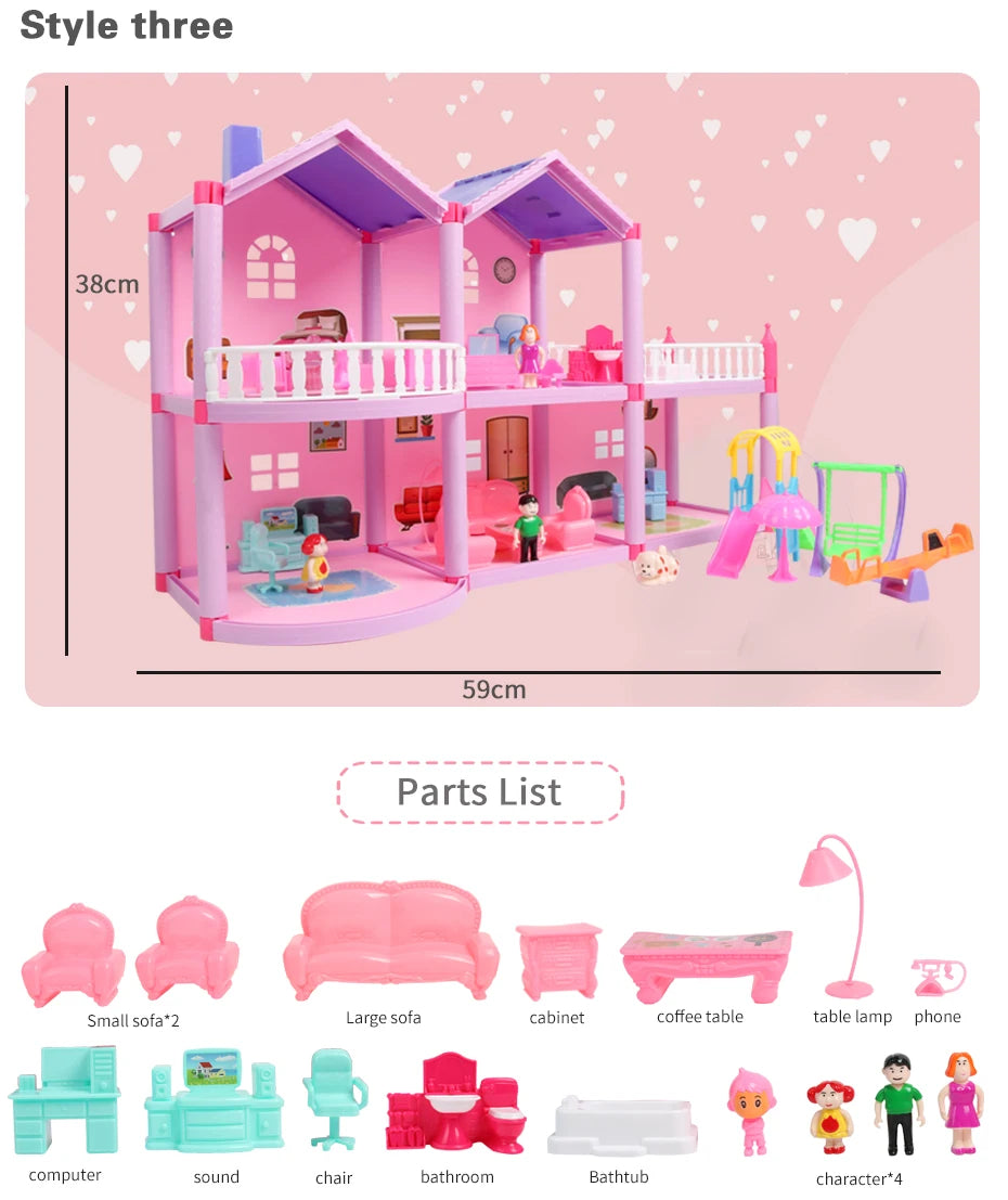 Baby DIY Doll house Toys Pink Assemble Princess Villa Handmade Construction Casa Miniature Furniture Dollhouse For Children Gift