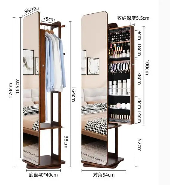 Full-length mirror, hanger, one-piece full-length mirror, household rotating floor mirror, coat rack with jewelry cabinet