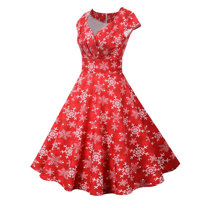 White Print Vintage Christmas Dress Women Winter Big Swing Elegant Short Sleeve V Neck Sexy New Year Party Sundress