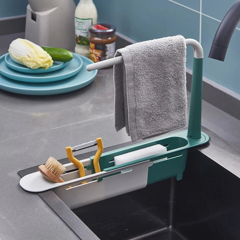 Kitchen Sink Organizer Telescopic Sink Shelf Drainer Rack Storage Basket Soap Sponge Storage Towel Rack Adjustable Sink Tool