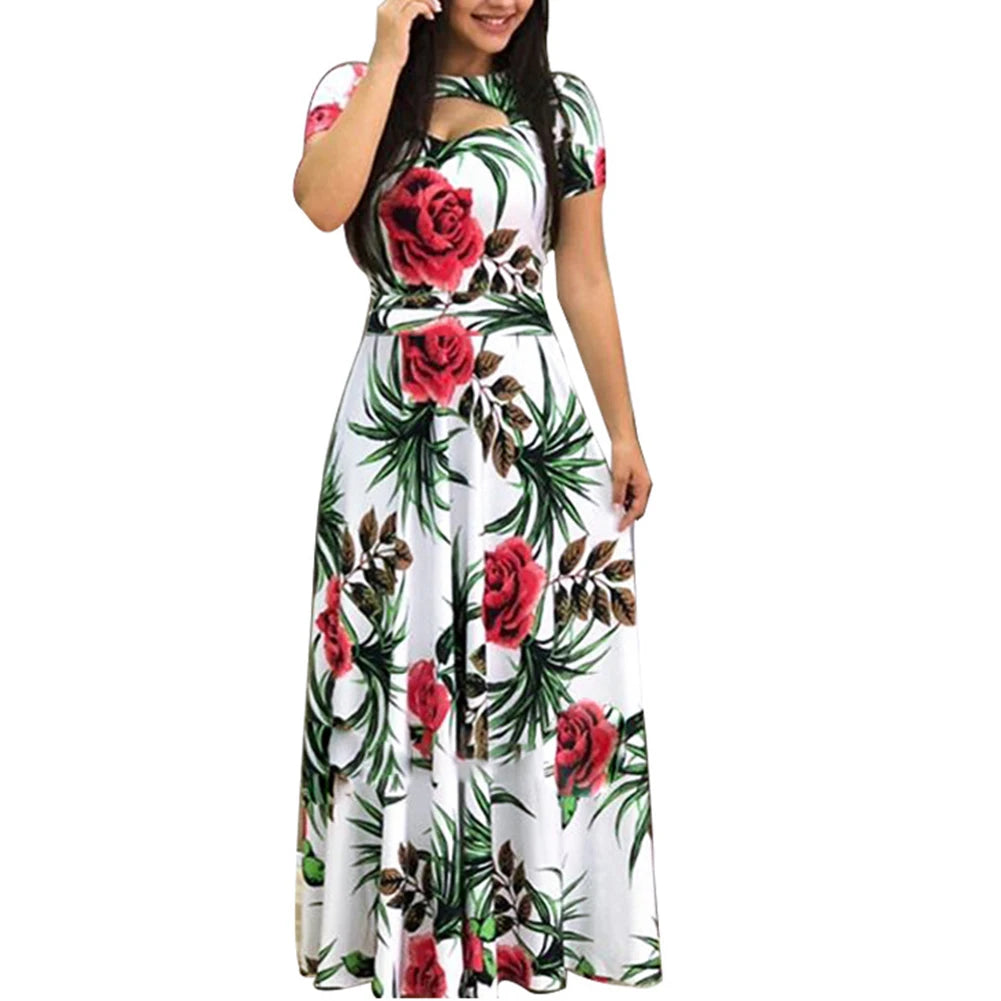 Women Short Sleeve Floral Print Waist Tight Large Swing Maxi Dress Sundress Casual Sundress Cotton O Neck Maxi Dress