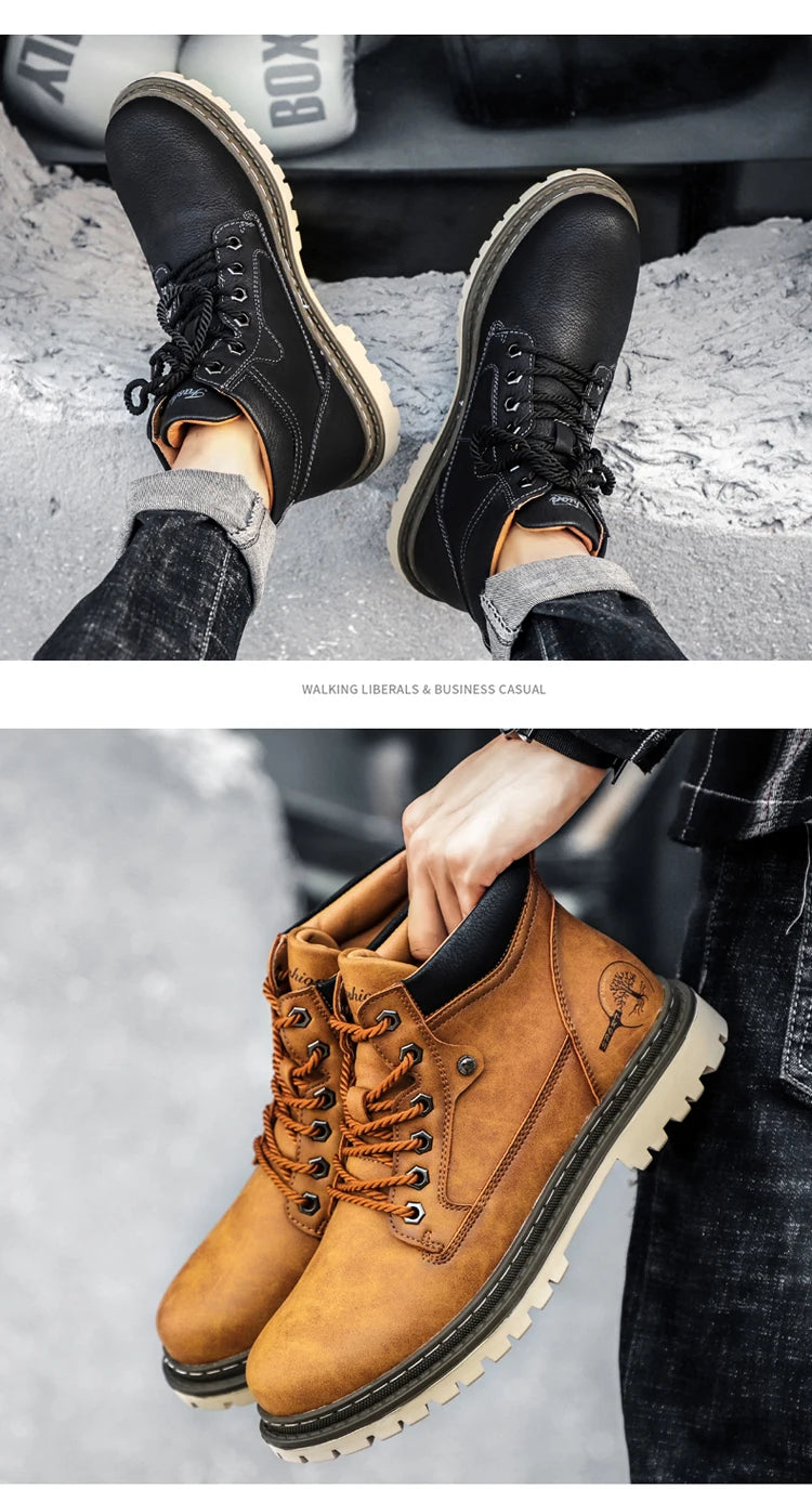 Men Snow Boots High Quality Leather Ankle Boots Warm Fur Motorcycle Boots Fashion Winter Men Boots Outdoor Men's Work Boots