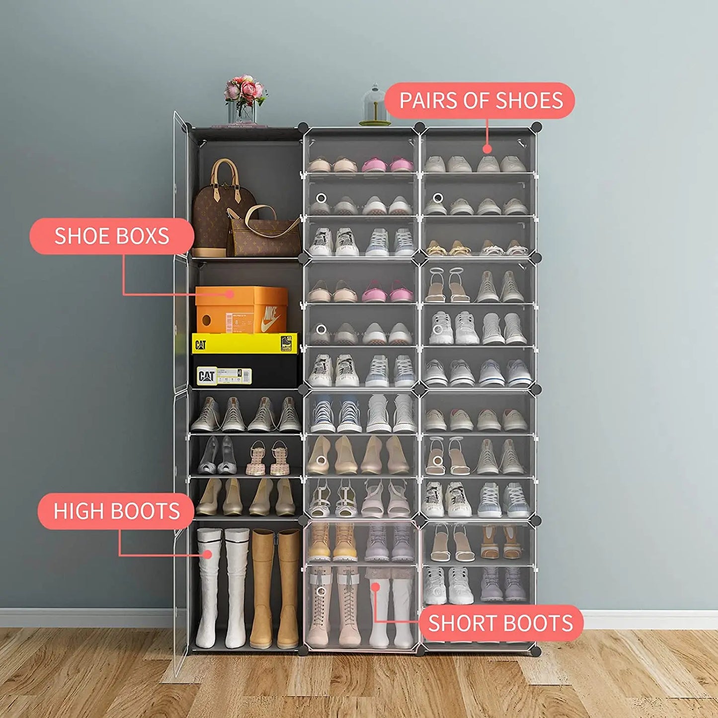 US Shoe Rack Large Capacity Boot Storage 12 Cube Organzie Modular DIY Plastic 6 Tier 24-96 Pairs of Shoe Tower Cabine