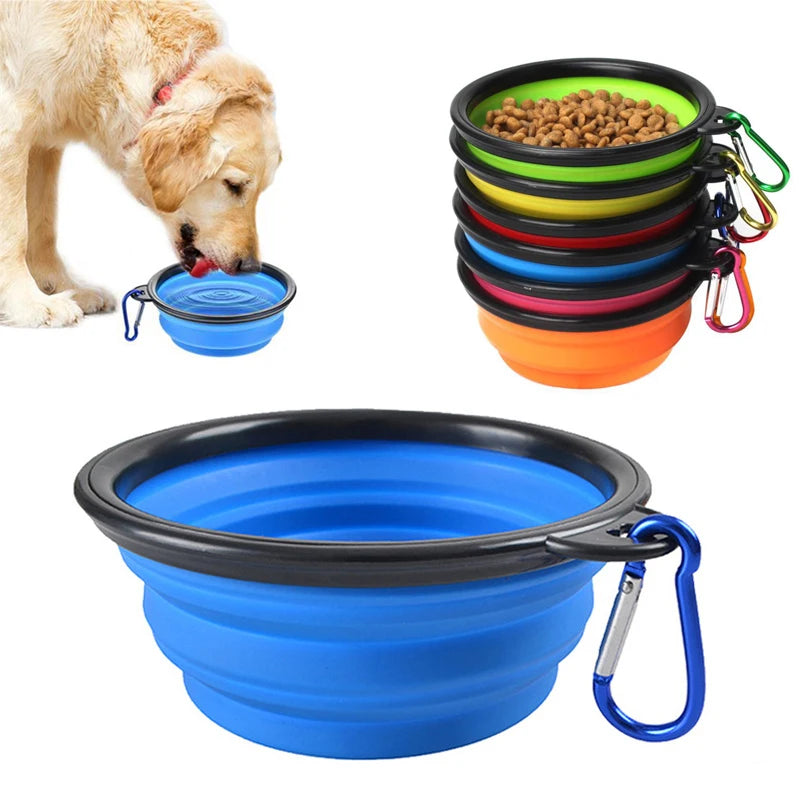 Folding Pet Silicone Dog Food Water Bowl Outdoor Travel Portable Dogs Feeder with Carabiner Puppy Food Container Dog Accessories