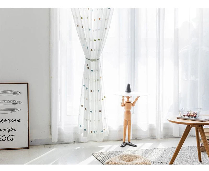 Colorful Dots Embroidered White Tulle Curtain for Kids Bedroom Living Room Modern Linen Sheer Voile Window Screen Panel ZH035H