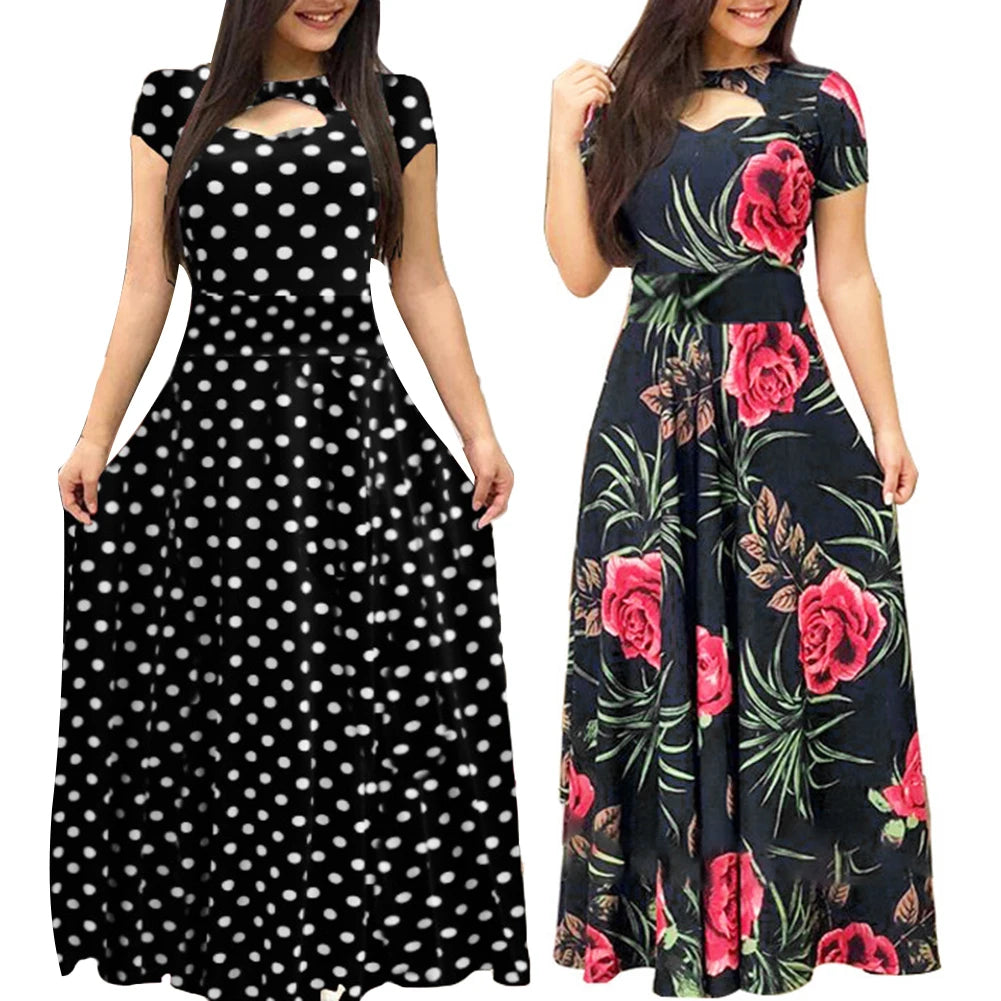 Women Short Sleeve Floral Print Waist Tight Large Swing Maxi Dress Sundress Casual Sundress Cotton O Neck Maxi Dress