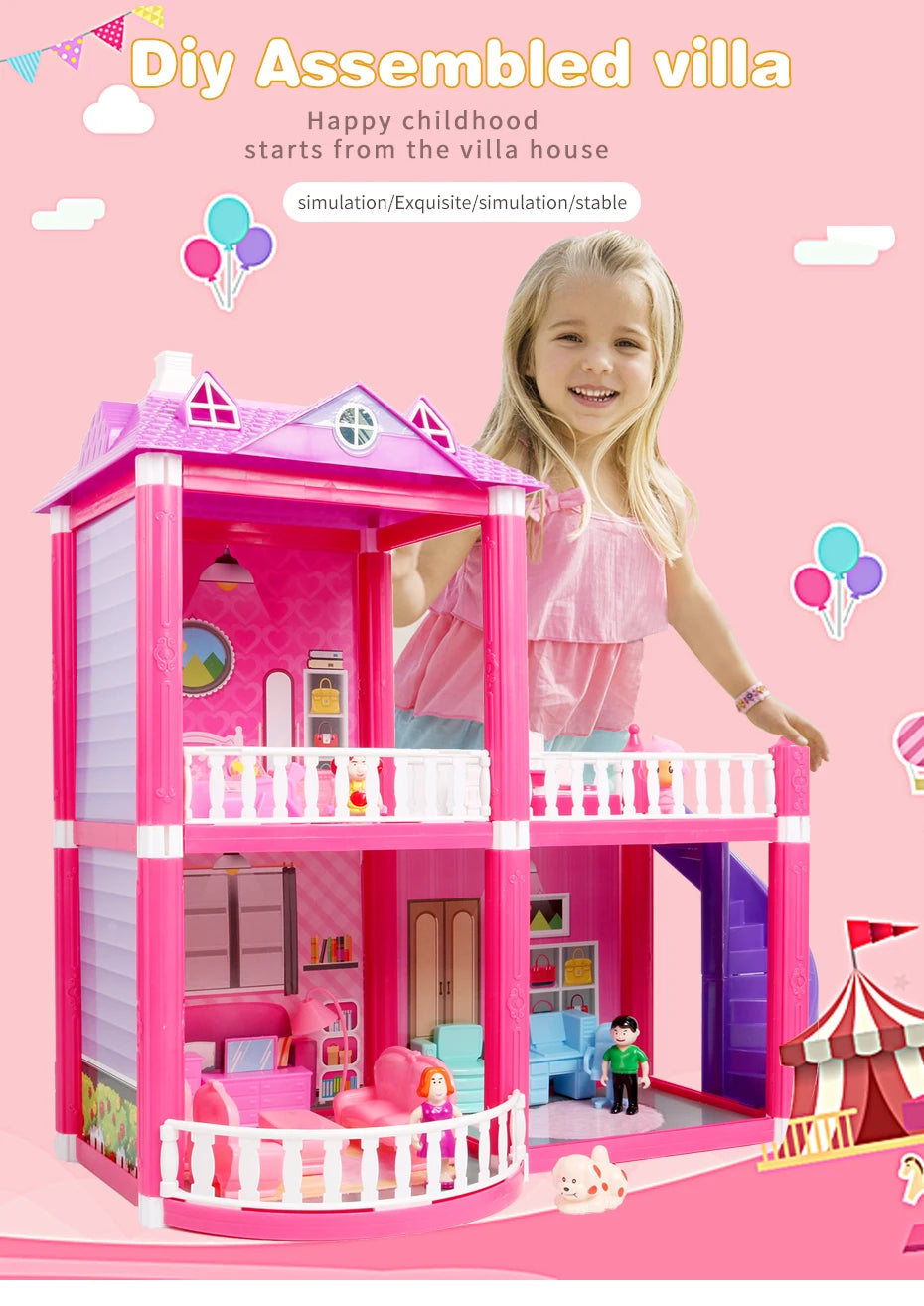 Baby DIY Doll house Toys Pink Assemble Princess Villa Handmade Construction Casa Miniature Furniture Dollhouse For Children Gift