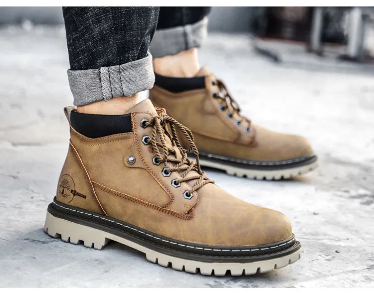 Men Snow Boots High Quality Leather Ankle Boots Warm Fur Motorcycle Boots Fashion Winter Men Boots Outdoor Men's Work Boots