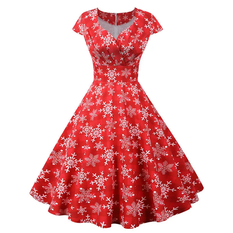 White Print Vintage Christmas Dress Women Winter Big Swing Elegant Short Sleeve V Neck Sexy New Year Party Sundress