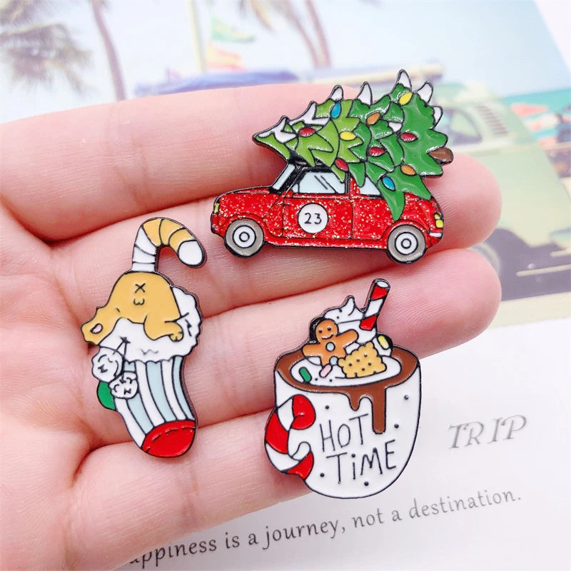 Cartoon Christmas Gift Tree Car Cup Sock Coffee Enamel Brooch Alloy Badge Denim Clothes Backpack Pin Cute Sweet Woman Jewelry