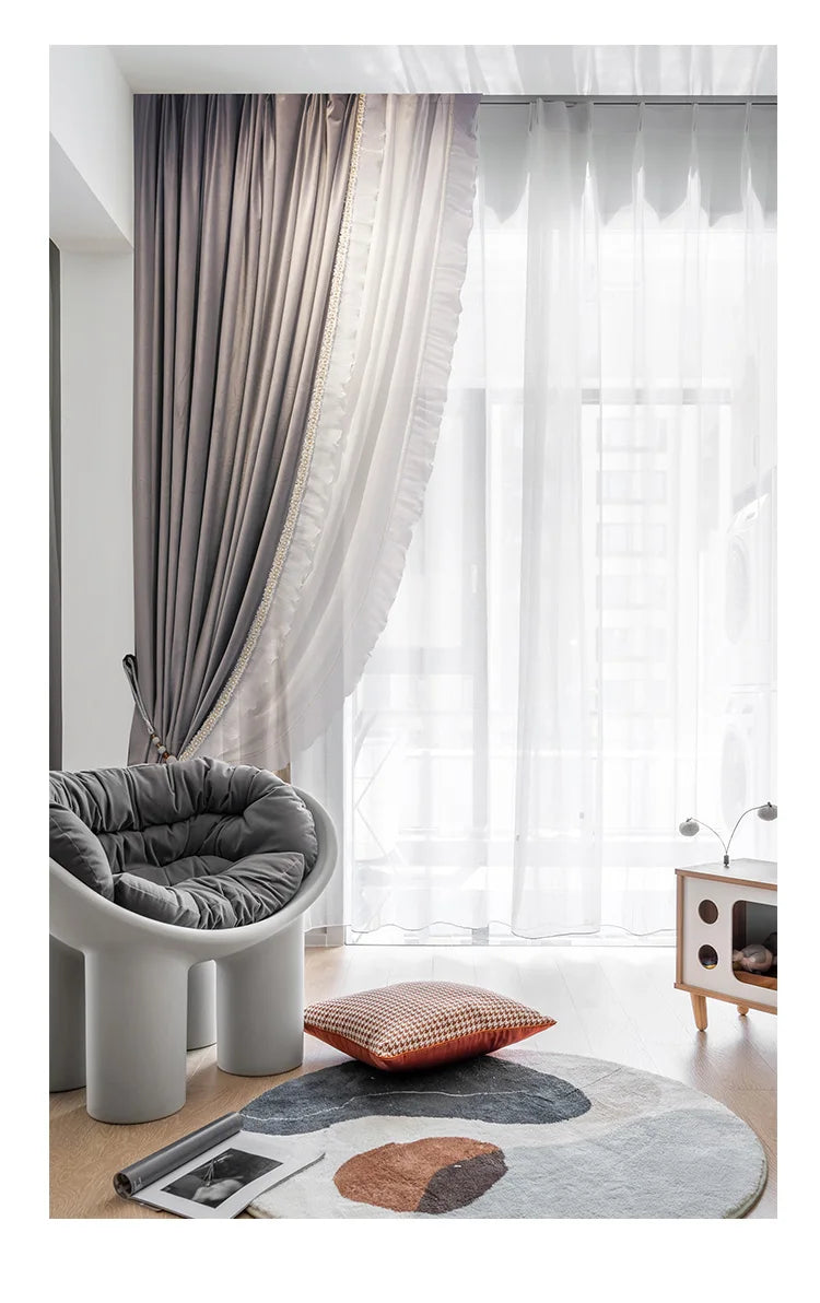 French Luxury Curtains for Living Room Romantic Dining Bedroom Windows Gray Velvet High Shading Stitching Lace Solid Color