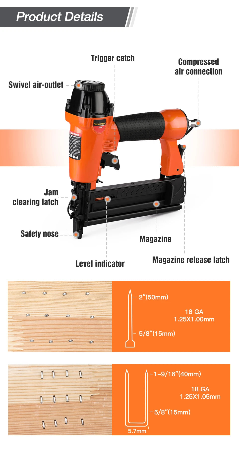 ValueMax 2 in1 Air Nail Gun Furniture Brad Nailer Pneumatic Gun Wood Frame Stapler Pneumatic Tool Power Tools with 400pc Staples