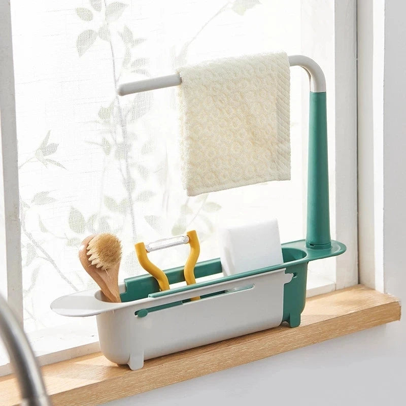 Kitchen Sink Organizer Telescopic Sink Shelf Drainer Rack Storage Basket Soap Sponge Storage Towel Rack Adjustable Sink Tool