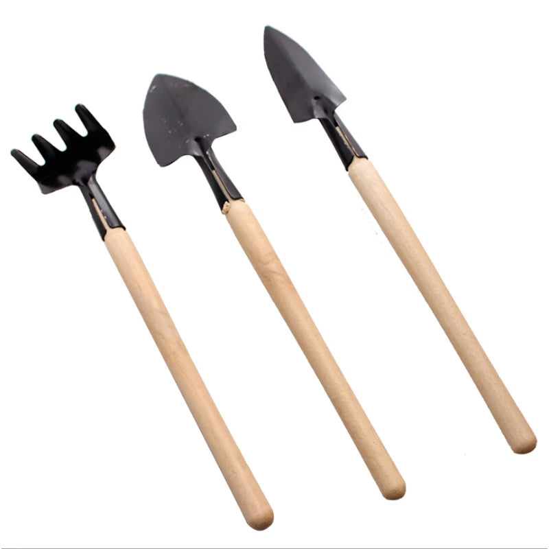 3pcs Mini Portable Gardening Tool Metal Head Shovel Rake Spade Plant Garden Soil Raising Flowers Wooden Handle Tool Set Garden