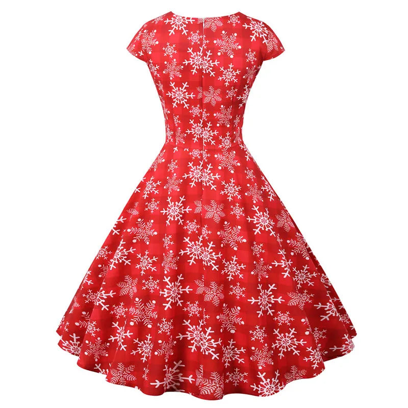 White Print Vintage Christmas Dress Women Winter Big Swing Elegant Short Sleeve V Neck Sexy New Year Party Sundress