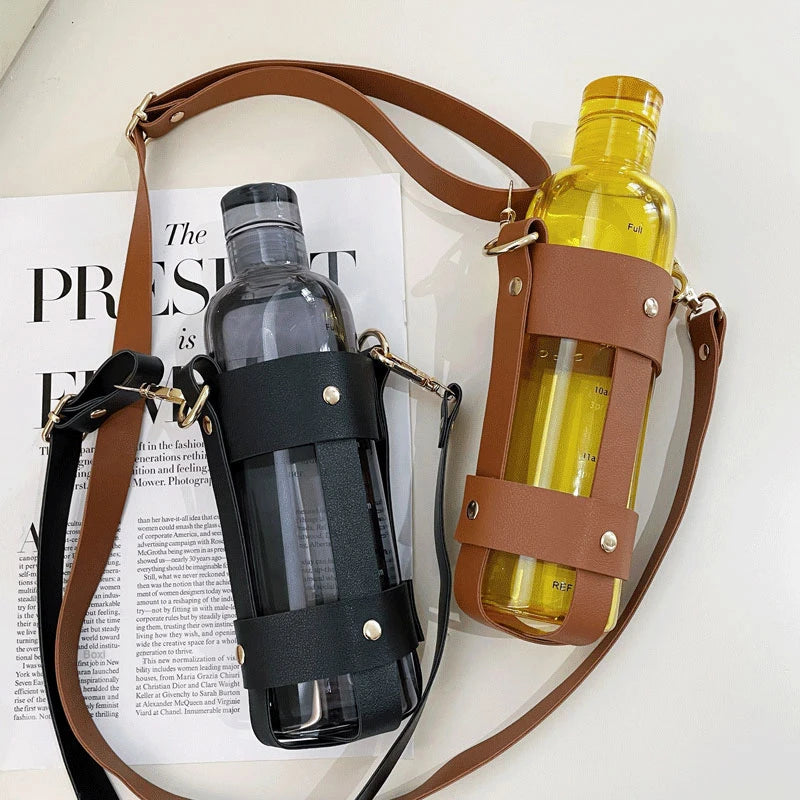 500ml Glass Water Bottle With PU Cup Holder Time Marker Milk Juice Fashion Simple Portable Leakproof Drink Bottle Drinkware Gift