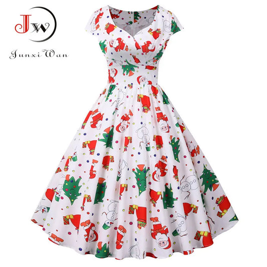 White Print Vintage Christmas Dress Women Winter Big Swing Elegant Short Sleeve V Neck Sexy New Year Party Sundress