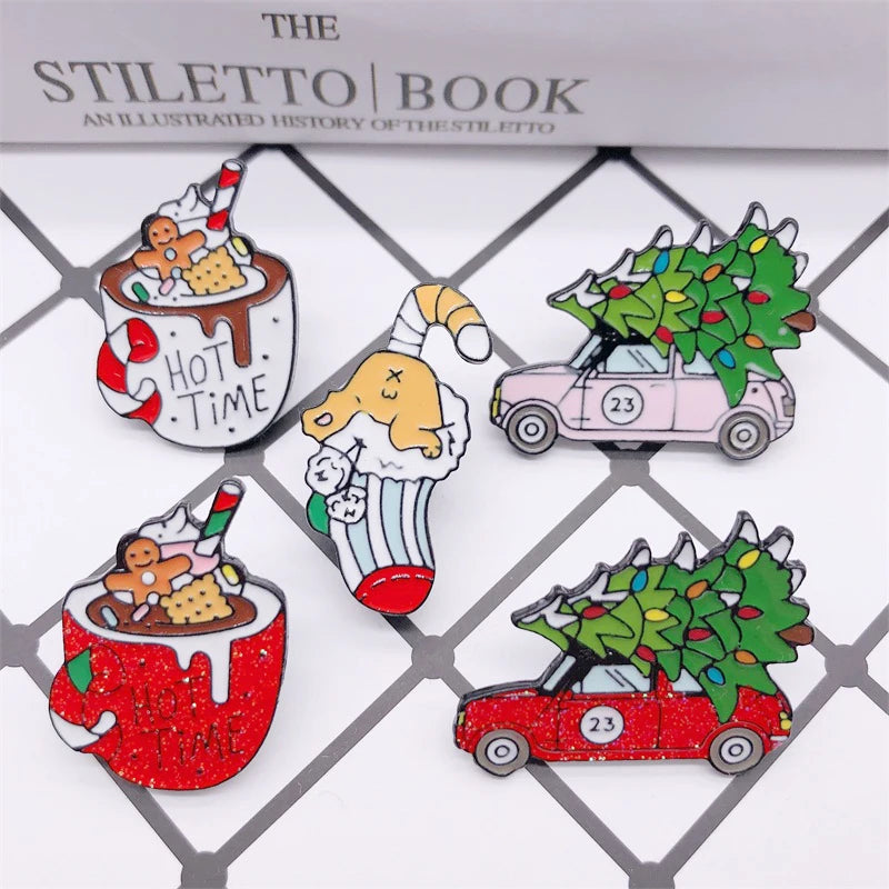 Cartoon Christmas Gift Tree Car Cup Sock Coffee Enamel Brooch Alloy Badge Denim Clothes Backpack Pin Cute Sweet Woman Jewelry