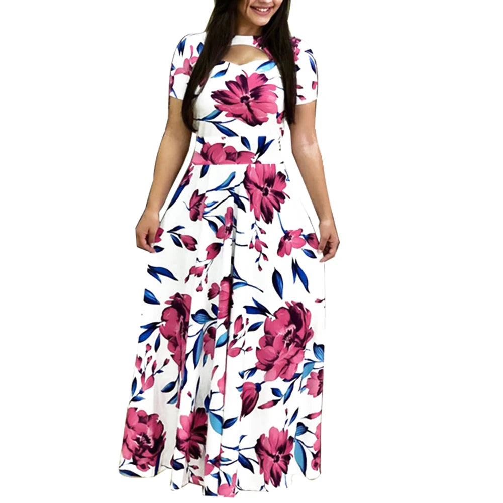 Women Short Sleeve Floral Print Waist Tight Large Swing Maxi Dress Sundress Casual Sundress Cotton O Neck Maxi Dress