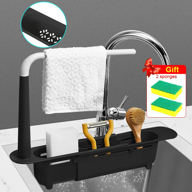 Kitchen Sink Organizer Telescopic Sink Shelf Drainer Rack Storage Basket Soap Sponge Storage Towel Rack Adjustable Sink Tool