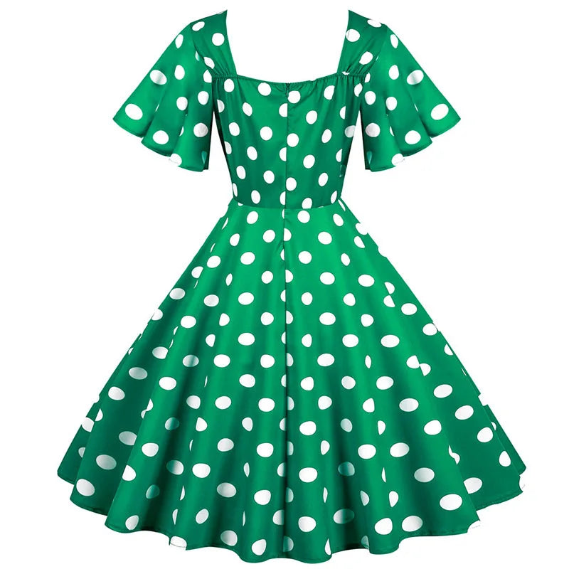 Women Summer Dress Butterfly Sleeve Swing Vintage Dresses Robe Femme Elegant Green Polka Dot Party Sundress Jurken