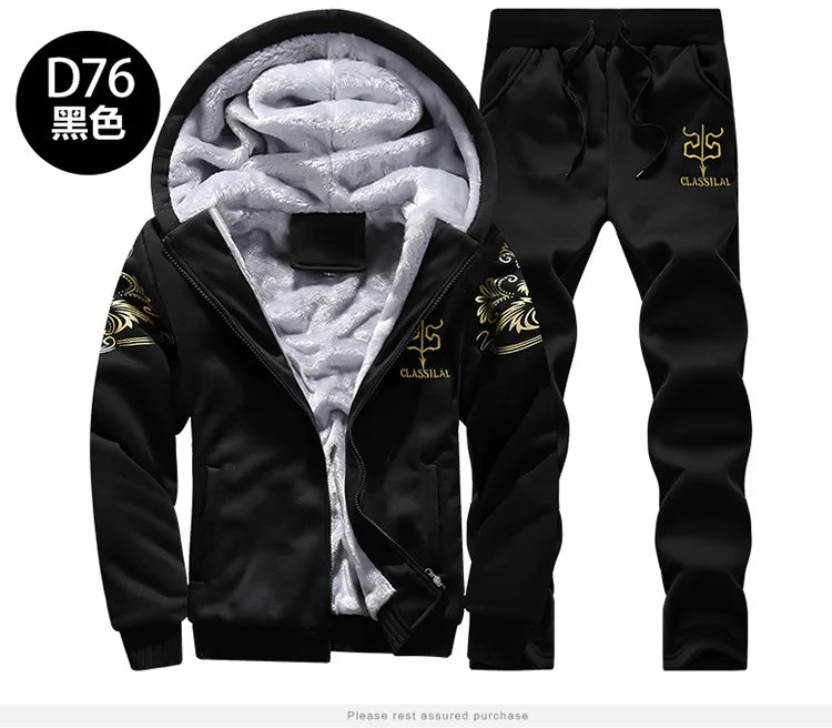 2024 Mens Sport Suit Running Sets Men 2 Piece Jacket Sweatpants Plus Velvet Casual Tracksuit Winter Hooded Sports 2 Piece Set