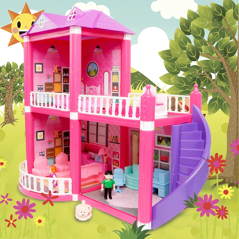 Baby DIY Doll house Toys Pink Assemble Princess Villa Handmade Construction Casa Miniature Furniture Dollhouse For Children Gift