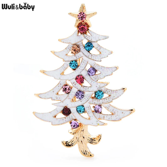 Wuli&baby White Enamel Christmas Tree Brooches For Women Men Multicolor Rhinestone Tree New Year Brooch Pin Jewelry Gifts