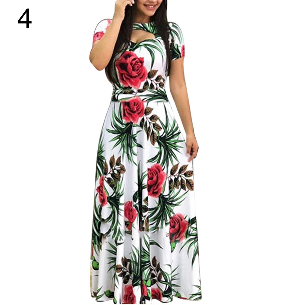 Women Short Sleeve Floral Print Waist Tight Large Swing Maxi Dress Sundress Casual Sundress Cotton O Neck Maxi Dress