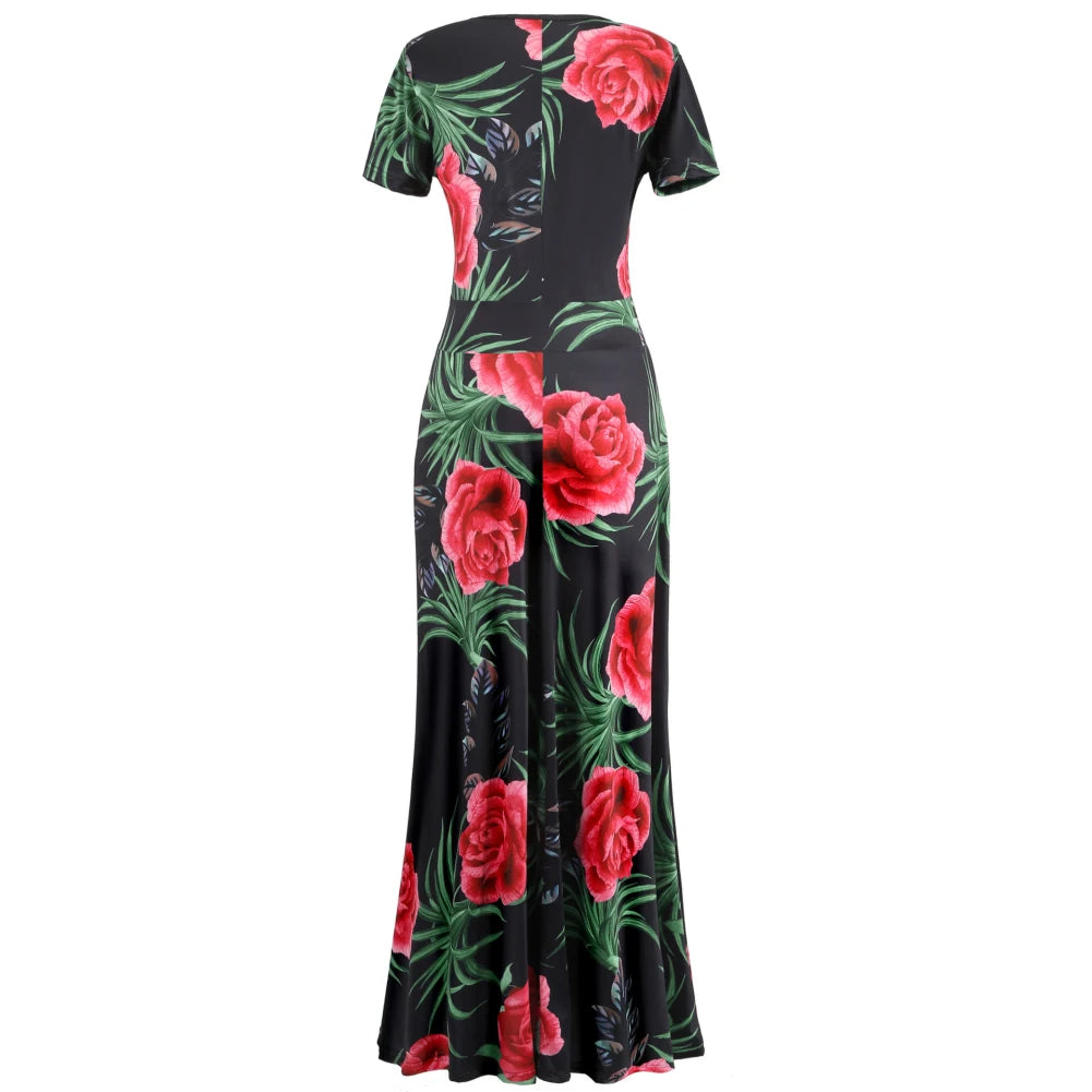 Women Short Sleeve Floral Print Waist Tight Large Swing Maxi Dress Sundress Casual Sundress Cotton O Neck Maxi Dress