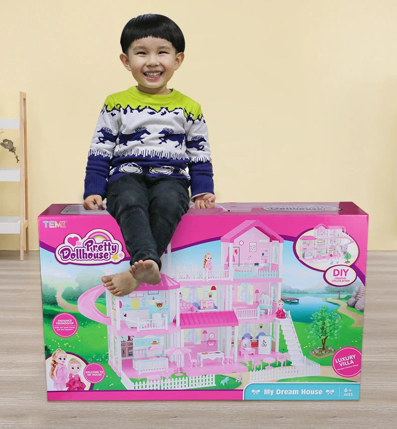 QWZ New Baby DIY Doll House Girls Pretend Toy Handmade Castle Dollhouse Birthday Gifts Educational Toys Doll Villa for Girl