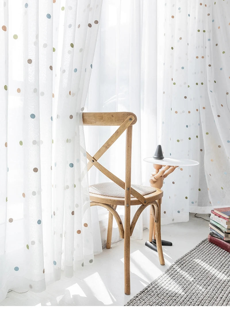 Colorful Dots Embroidered White Tulle Curtain for Kids Bedroom Living Room Modern Linen Sheer Voile Window Screen Panel ZH035H