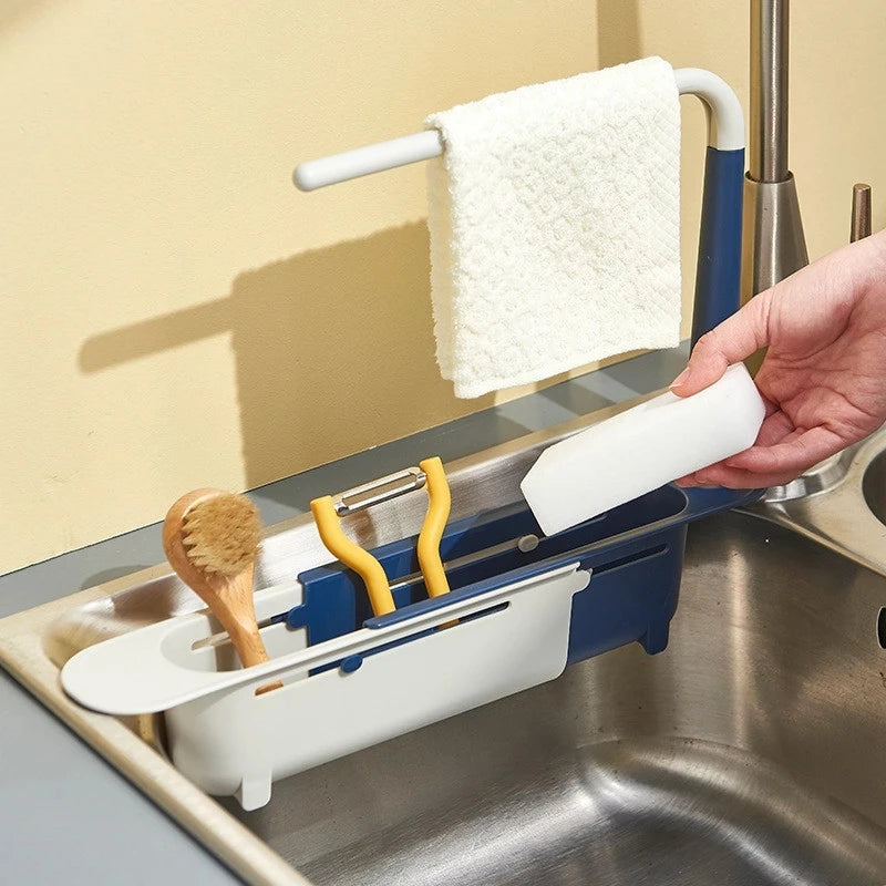 Kitchen Sink Organizer Telescopic Sink Shelf Drainer Rack Storage Basket Soap Sponge Storage Towel Rack Adjustable Sink Tool