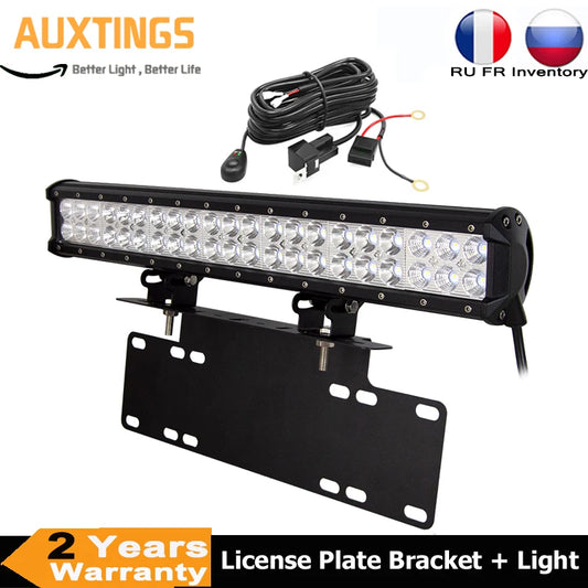 Universal 20inch 126W LED Light Bar + Front Bumper License Plate Bracket Wiring Fit ATV Truck SUV 4x4 Tractor Car Vehicle