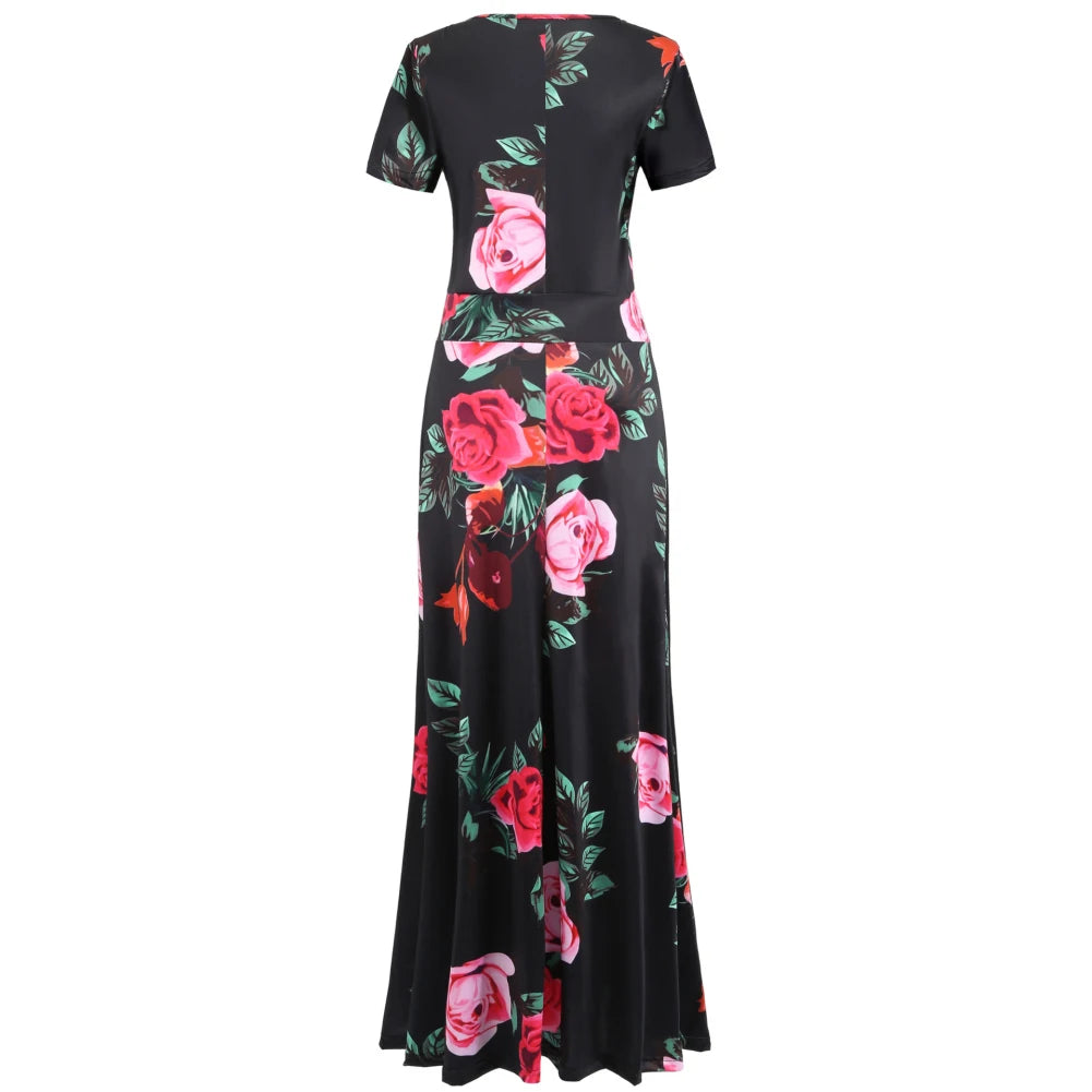 Women Short Sleeve Floral Print Waist Tight Large Swing Maxi Dress Sundress Casual Sundress Cotton O Neck Maxi Dress