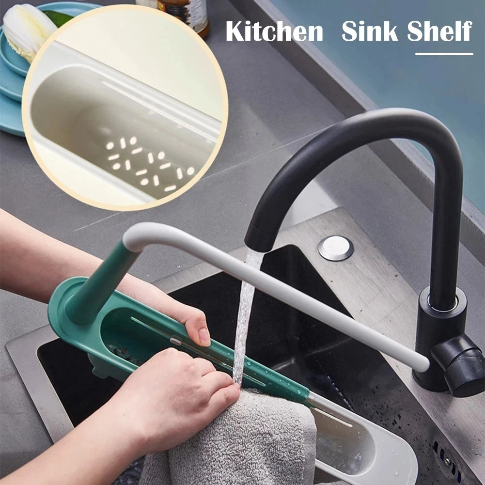 Kitchen Sink Organizer Telescopic Sink Shelf Drainer Rack Storage Basket Soap Sponge Storage Towel Rack Adjustable Sink Tool