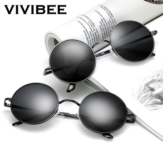 VIVIBEE Classic Polarized Round Metal Sunglasses Casual Sun Glasses for Women Retro UV400 Men Black Shades 2024 Trend Eyewear