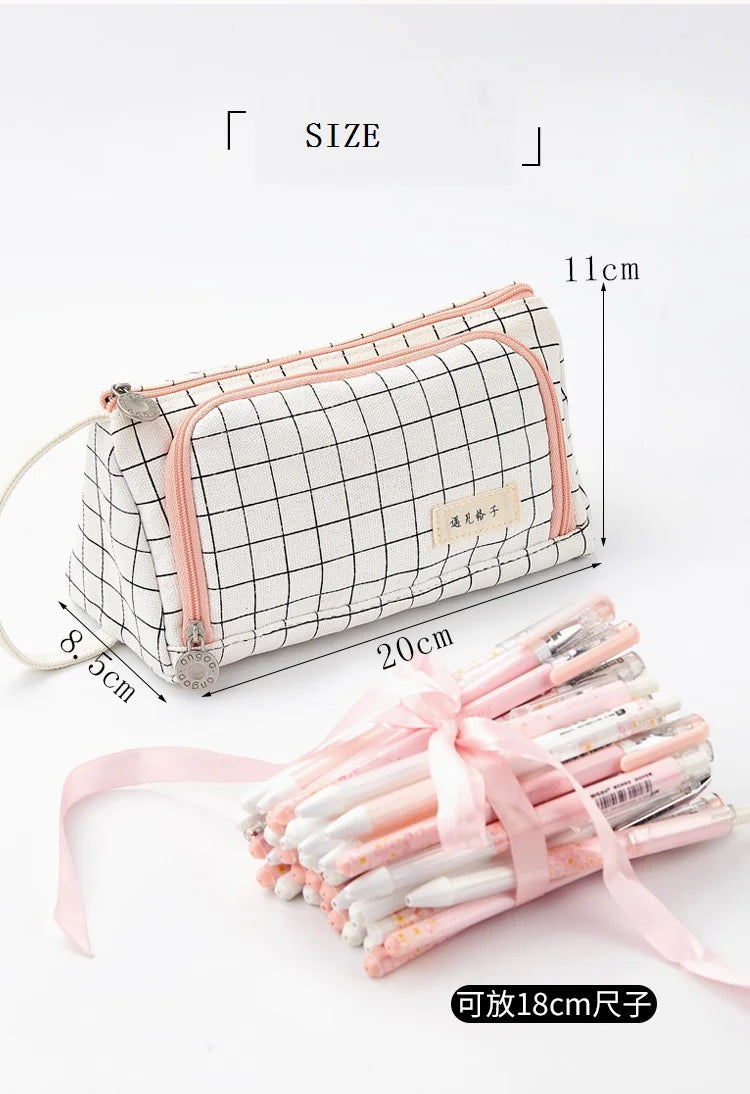 Pencil Case Stationery Bag Pen Holder School Supplies Office College Student Girl BagChristmas Gift White Plaid Stationary Pouch