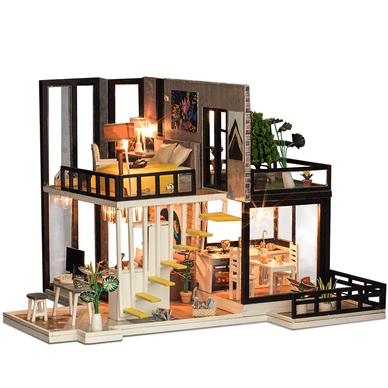 DIY Doll House Wooden Doll Houses Miniatures Dollhouse Furniture Kit With LED Baby Kid Assemble Toys For Children Christmas Gift