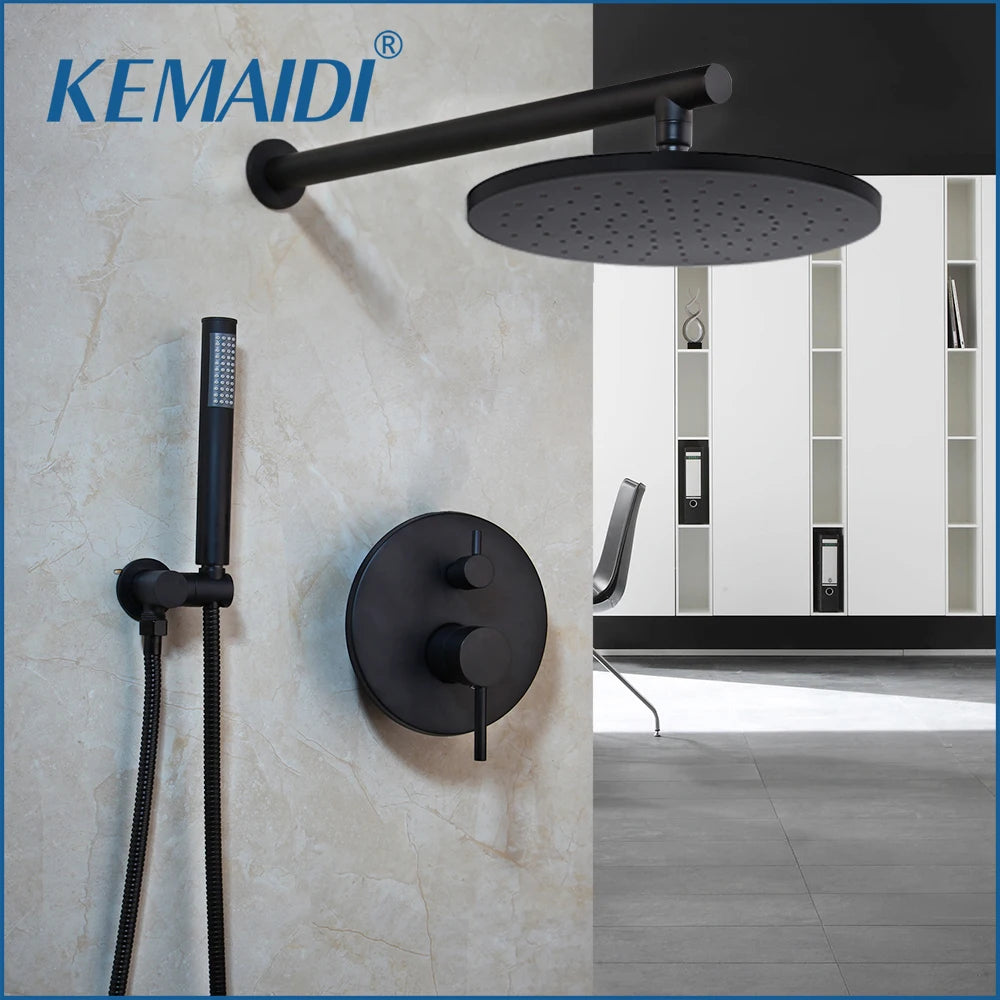 KEMAIDI Black Round Modern Rainfall Shower Systyerm Wall Mounted Bathroom Shower Faucet Sets Shower Head & Hand Shower Set